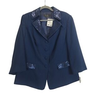 NWT Emily Womens Navy Blue Sequin Collar Blazer Jacket‎ 16W Vintage Glam